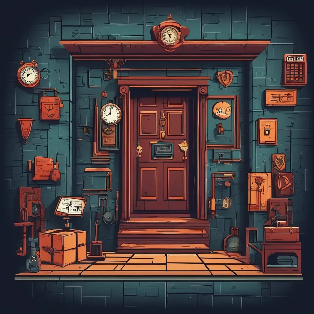 Ilustración de una puerta de madera cerrada, rodeada de relojes, candados y cajas