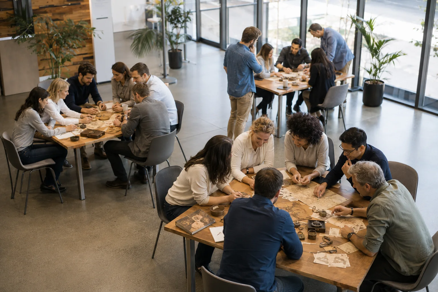 Equipos resolviendo enigmas con candados y mapas en mesas de oficina