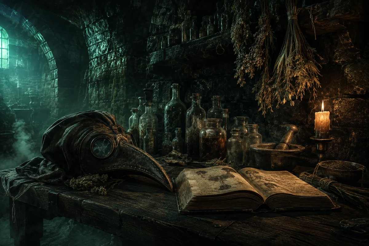 Una máscara de médico de la peste junto a frascos de cristal, hierbas secas, un mortero, una vela y un libro abierto