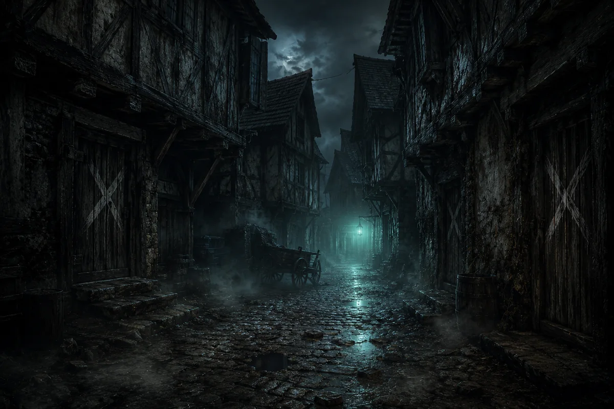 Un callejón medieval de noche, con niebla, un carro y cruces pintadas en las puertas