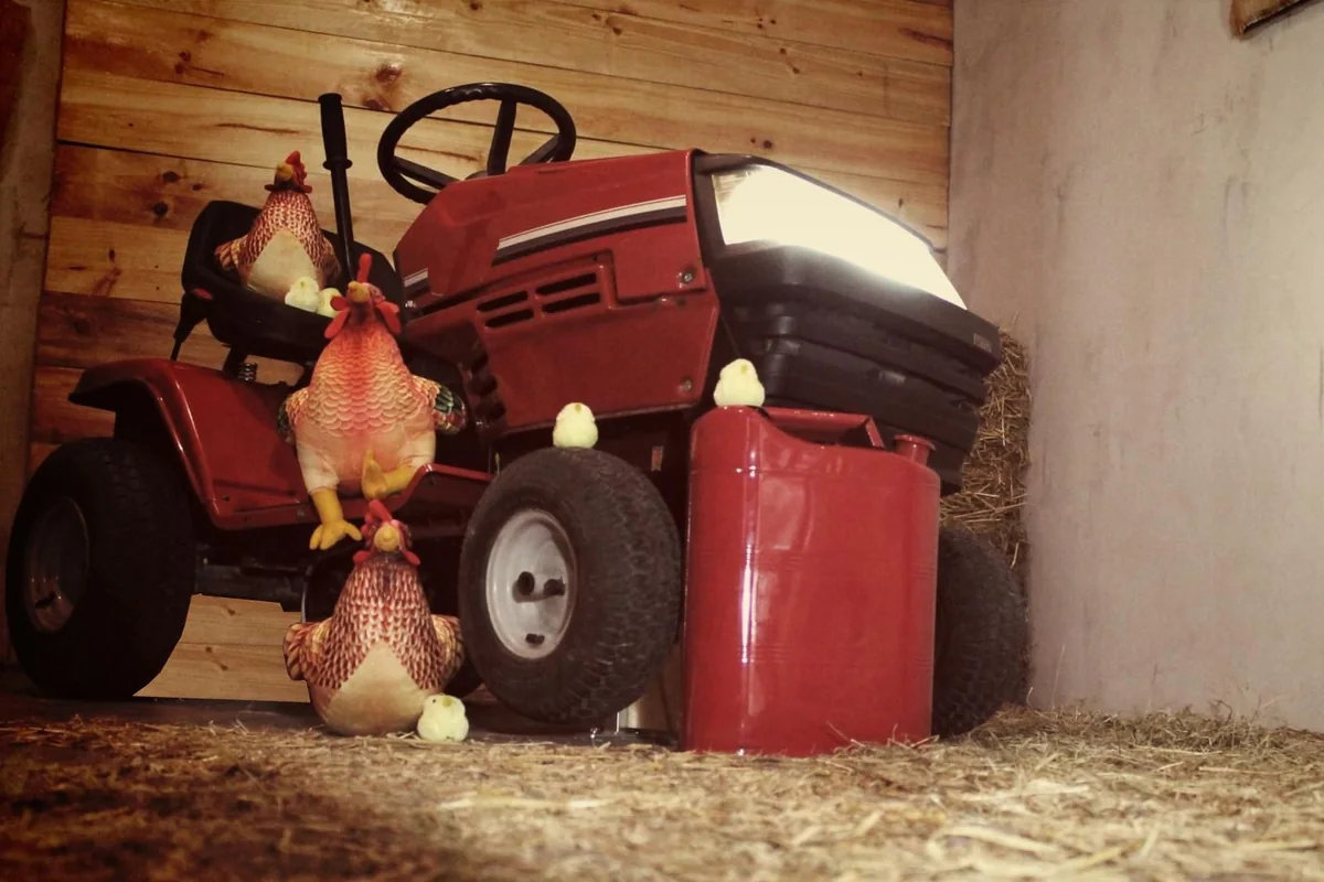 Gallinas y pollitos de atrezo subidos al tractor rojo, junto a un bidón, sobre la paja